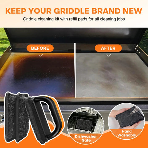 Griddle Cleaning Kit With 3 Replacement Scouring Pads For Flattop Grills Rust Removal Bristle Free Stainless Mesh Cleaner