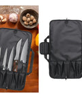 Pro Grade Portable Chef Knife Bag showing interior knife slots and Oxford cloth storage with visible utensils and foldable handle.