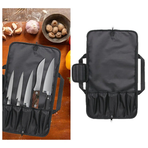 Pro Grade Portable Chef Knife Bag showing interior knife slots and Oxford cloth storage with visible utensils and foldable handle.