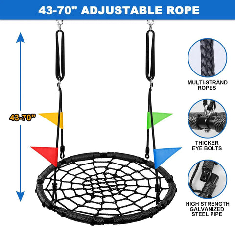 Spider Web Tree Swing For Kids And Adults, Outdoor Saucer Net Round Swing With Steel Frame And Turnbuckle, 43 Inch Platform shown with adjustable ropes and steel pipe details.