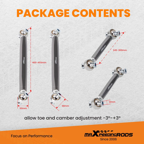 Adjustable Rear Camber And Toe Arm Kit For BMW 3 Series 2006 To 2011 E90 E92 E93 High Strength Steel Precision Alignment Rust Resistant Finish Upgrade Your Ride With Better Handling And Tire Wear, shown with 400-455mm and 245-300mm arms