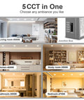 Various room settings showcasing 5CCT options for 24 Pack 6 Inch Ultra Thin 5CCT Adjustable LED Recessed Ceiling Lights.