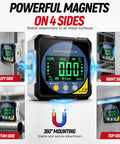 Heavy Duty Digital Angle Finder With Dual Laser And Strong Magnet That Gives Accurate Readings Without Any Guesswork For Woodworking And Diy Projects While You Top Off The Battery On Every Job showing powerful magnets on four sides for secure attachment.