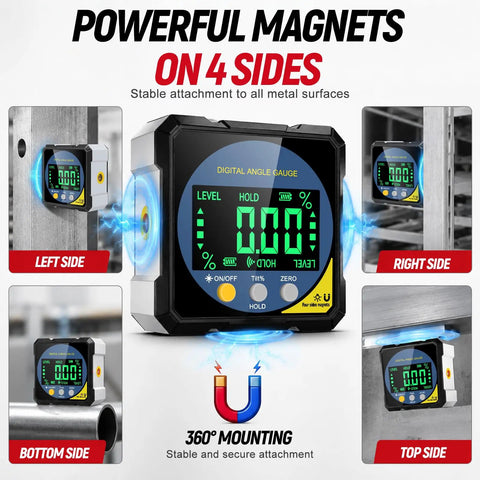 Heavy Duty Digital Angle Finder With Dual Laser And Strong Magnet That Gives Accurate Readings Without Any Guesswork For Woodworking And Diy Projects While You Top Off The Battery On Every Job showing powerful magnets on four sides for secure attachment.