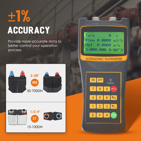 Portable Clamp On Ultrasonic Flow Meter With Data Output Handheld Sensor Pack S1 And M2 for seawater, alcohol, industrial sewage DN15-700 mm pipe