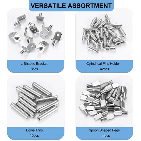 104 Piece Nickel Plated Shelf Support Pins For Kitchen Cabinets Bookshelves And Closets Packed With four types of heavy duty metal pegs.