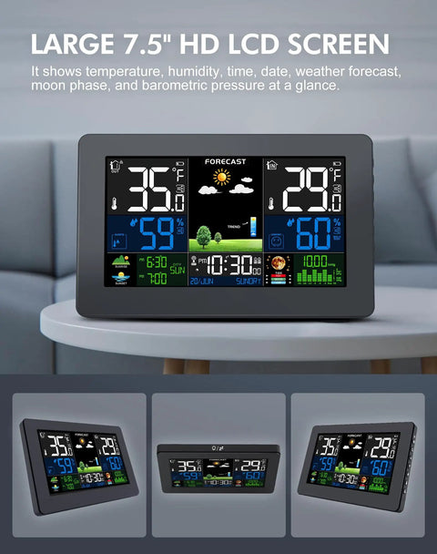 Indoor Outdoor Weather Station With Wireless Thermometer And Remote Sensor, Large 7.5 Inch HD Display