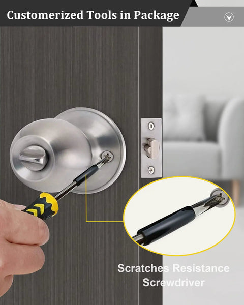 Hand installing Two Sets All Keyed Alike Entry Door Knob And Deadbolt Combo, Satin Nickel, using a screwdriver.