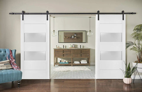 Double Barn Door Set 84 by 96 Inches With Frosted Glass 2 Lite Panels, open in a living room, with white silk finish and top mount rail.