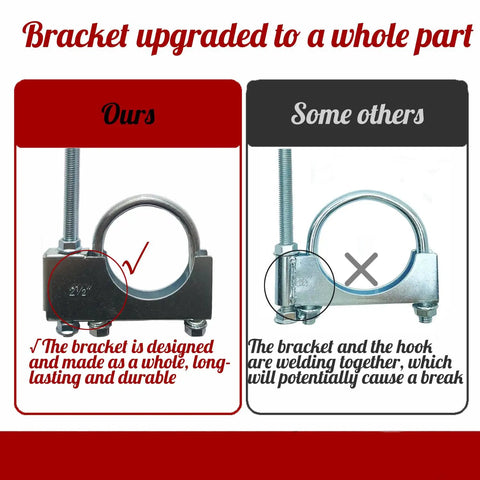 Comparison of Heavy Duty 2.5 Inch Exhaust Hanger Clamp On Universal Fit for Cars and Trucks, ours versus others.
