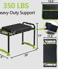 Heavy Duty Garden Kneeler And Seat 2-In-1 Foldable Bench with 11 Inch Detachable Kneeling Pad shown with dimensions and pouch.