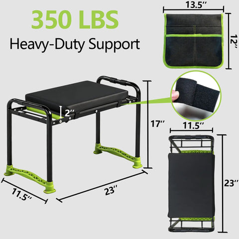 Heavy Duty Garden Kneeler And Seat 2-In-1 Foldable Bench with 11 Inch Detachable Kneeling Pad shown with dimensions and pouch.