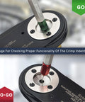 Pro Grade Deutsch Solid Contacts Crimping Tool AWG 26-12 close-up with gauge showing crimp indenters functionality check.