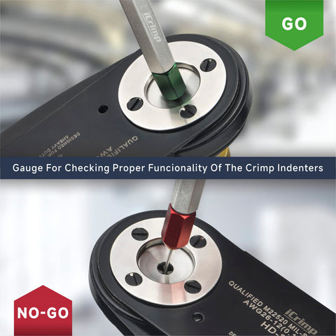 Pro Grade Deutsch Solid Contacts Crimping Tool AWG 26-12 close-up with gauge showing crimp indenters functionality check.