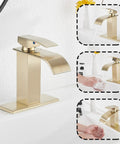 Brushed Gold Waterfall Bathroom Faucet Deck Mount Single Handle 4 Inch Install With 6.5 Inch Cover Plate Vanity Sink Faucet No Drip