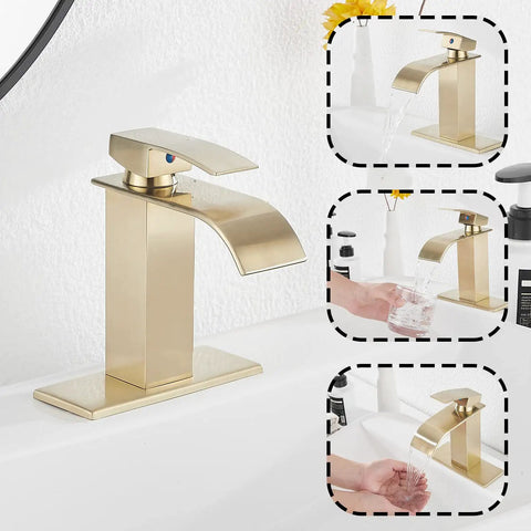 Brushed Gold Waterfall Bathroom Faucet Deck Mount Single Handle 4 Inch Install With 6.5 Inch Cover Plate Vanity Sink Faucet No Drip