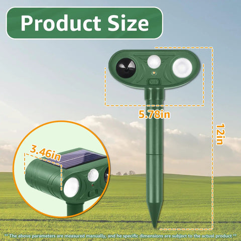 Solar Powered Ultrasonic Animal Repellent For Outdoor Yards And Gardens With Motion Sensor And Strobe Light Dual Mode Audible Alarm Or 25KHz Ultrasonic Deterrent Weatherproof Critter Shield Against Rodents Coyotes And Raccoons, 12in