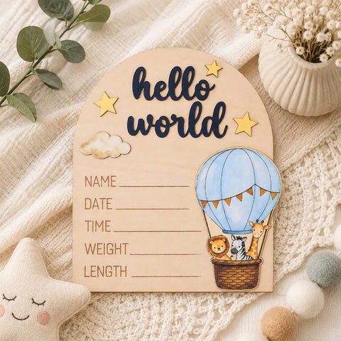 Hot Air Balloon Arch Birth Announcement Sign With 3D Hello World Text And Safari Animal Passengers Baby Name Plaque