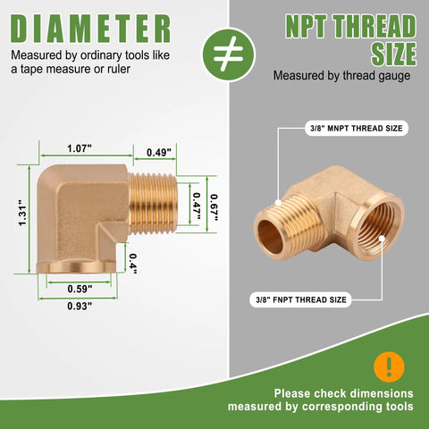 Five Pack 3/8 Inch NPT Brass Street Elbows, 90 Degree Male To Female Forged Pipe Fittings with dimensions and thread size
