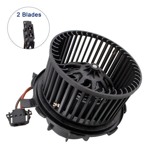 Heavy Duty Front Heater Motor AC Blower Assembly With Fan Cage For Audi A4 A5 Q5 close-up view showing 2 blades and connector.