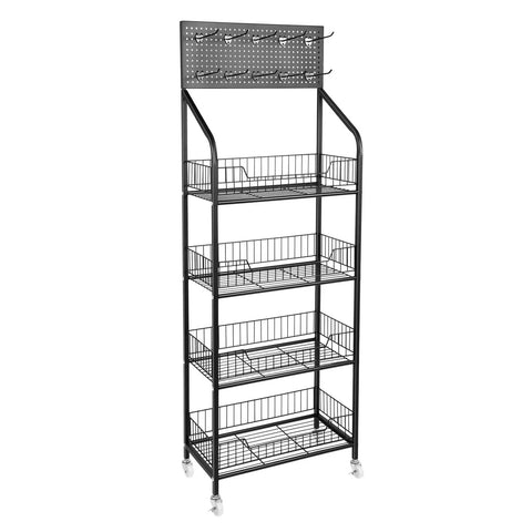 Four Tier Metal Wire Display Rack And Snack Candy Organizer With Ten Hooks Smooth Rolling Wheels And Rock Solid Design For Top Shelf Retail Setup And Hassle Free Sorting In Black