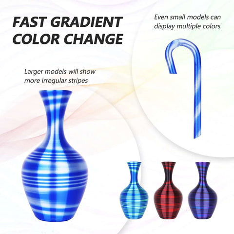 Silk Multicolor Rainbow PLA Filament Bundle For 3D Printing, 1.75mm showing color changing gradient vases and cane models