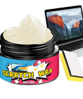 All In One Laptop Repair Kit With Nano Polishing Paste For Scratches On Laptops Tablets Smartphones And Other Electronics Easy Application For A Quick Fix Up And A Shine Like New, jar in foreground next to a sponge and laptop.