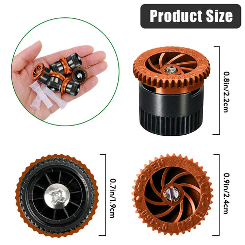 10 Pack Variable Arc Nozzles For Adjustable Pop Up Sprinkler Heads Hassle Free Yard Refresh Garden Lawn Irrigation Setup Zero To 360 Degree Spraying Total Coverage, showing nozzles in hand and product sizes.
