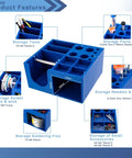 Blue Non Slip Solder Holder And Dispenser Reel Stand with compartments for storage of tools, flux paste, and solder wire on workbench.