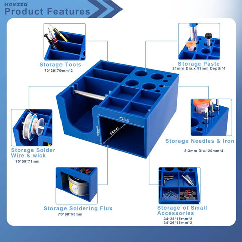 Blue Non Slip Solder Holder And Dispenser Reel Stand with compartments for storage of tools, flux paste, and solder wire on workbench.