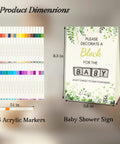 Baby Shower Games Sign Kit With 60 Wooden Blocks And 36 Colored Markers, Includes A Wooden Storage Box, Perfect For Decor, Guest Activities, And Fun Gift Ideas. Product dimensions and 36 acrylic markers shown