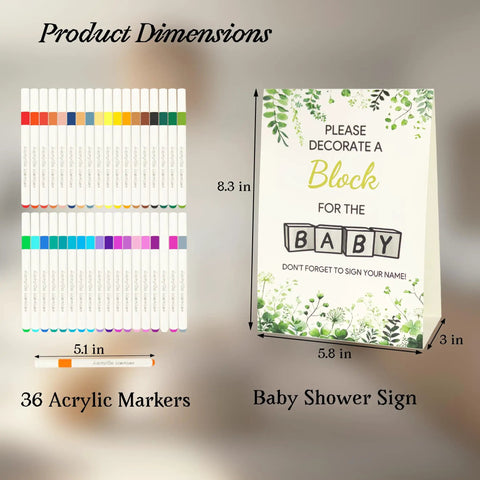 Baby Shower Games Sign Kit With 60 Wooden Blocks And 36 Colored Markers, Includes A Wooden Storage Box, Perfect For Decor, Guest Activities, And Fun Gift Ideas. Product dimensions and 36 acrylic markers shown