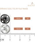 10mm Snap Buttons For Sewing Kit In Black And Nickel, 100 Sets, Durable Steel With Brass Nickel Coating, size comparison with ruler.