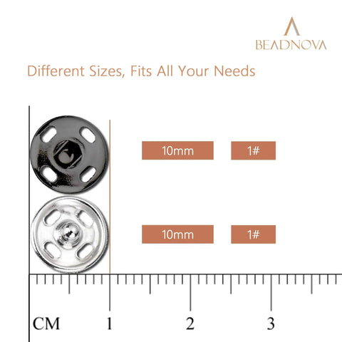 10mm Snap Buttons For Sewing Kit In Black And Nickel, 100 Sets, Durable Steel With Brass Nickel Coating, size comparison with ruler.
