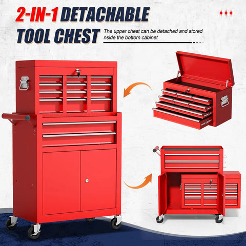 Heavy Duty 2 In 1 Detachable Tool Chest On Wheels With 10 Drawers Lockable Top Box And Bottom Cart A High Capacity Mechanic Organizer For Workshop Garage Adjustable Shelf Red Finish