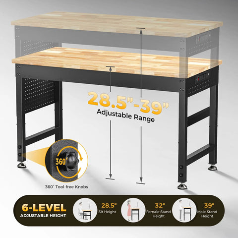 Rock Solid Heavy Duty Adjustable Workbench With 47.64 Inch Surface, 2000 Lb Load Capacity showing adjustable height range