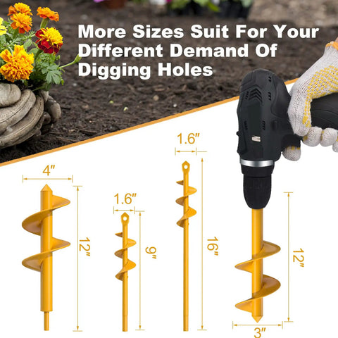Four auger drill bits for planting with cordless drill, showcasing sizes for dirt and sand; perfect for saving time in garden projects.
