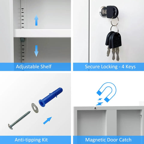 Locking Metal Storage Cabinet With Adjustable Shelves For Home Office And Garage Black Compact Lockable Cabinet With Doors And Door Catch For Secure Storage Heavy Duty Build No Fuss, showing adjustable shelf, secure locking with 4 keys, anti-tipping kit, and magnetic door catch.
