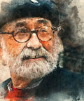 Artistic watercolor portrait of an elderly man with glasses and beret.