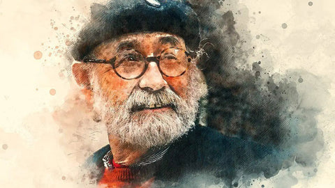 Artistic watercolor portrait of an elderly man with glasses and beret.