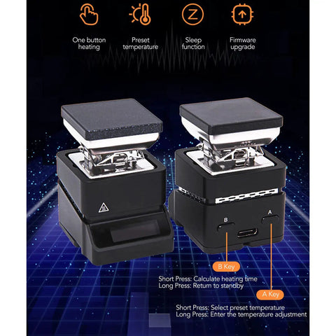 Compact Mini Hot Plate Welding Preheat Station with 30x30mm heating area, tower design, OLED display, dual button control visible.