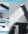 Waterfall Roman Tub Faucet Deck Mount With Hand Shower Three Hole Widespread Matte Black Bathroom Fixture Featuring Waterfall Tub Spout Single Handle High Flow for Quick Fill and Spa Vibe with brass shower head and 59-inch hose.