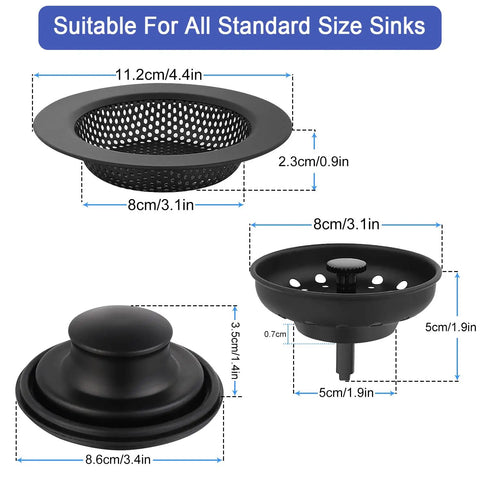3 Pack Stainless Steel Kitchen Sink Drain Strainers With Black Powder Coat Finish Anti Clogging Basket Stopper Set dimensions