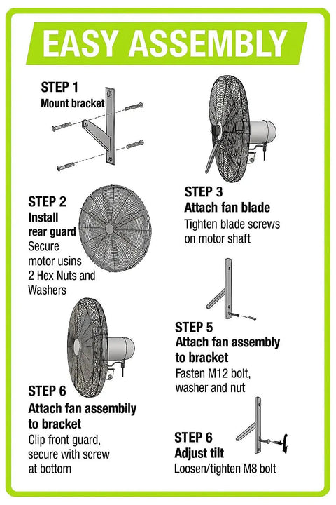Easy assembly guide for Beefy 24 Inch Outdoor Wall Mount Fan With 6800 CFM Airflow 80 Degree Oscillation Water Resistant