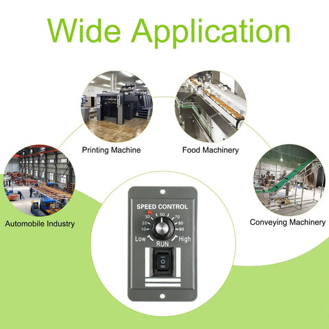 DC Motor Speed Controller 12V To 60V, 20A Adjustable PWM with applications in robotics, cars, boats; shown with machinery use examples.