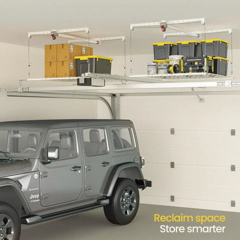 No Sweat Overhead Garage Storage Rack Straight Up Heavy Duty Ladder Free Ceiling Lift Tray For 8 To 10 Ft Ceilings 250 Pound Weight Limit With Secure Safety Latch In Bright White