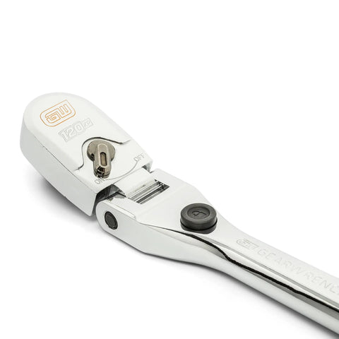 Close-up of Half Inch Drive Locking Flex Head Ratchet, 120XP, 60-Tooth Gear, chrome finish, showcasing push button lock feature.