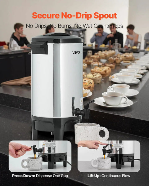 Big Batch Commercial Coffee Urn With Dripless Faucet 40 Cup 203 Oz Hot Beverage Dispenser 1090W Quick Brew Coffee Maker Automatic Temperature Control Perfect For Catering Parties Churches And Restaurants on countertop with cup