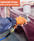 Spray painting car using Three Eighths Inch By Fifty Foot Air Hose Kit For Compressors, A Real Workhorse With 300 PSI, blue hose.