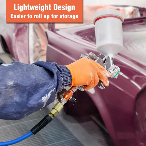 Spray painting car using Three Eighths Inch By Fifty Foot Air Hose Kit For Compressors, A Real Workhorse With 300 PSI, blue hose.